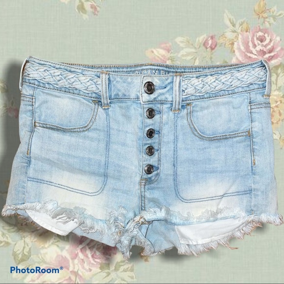 🪽AMERICAN EAGLE Braided 'Shortie' Jean Shorts, Hi Rise, Button Up, SIZE 10, - Picture 1 of 15